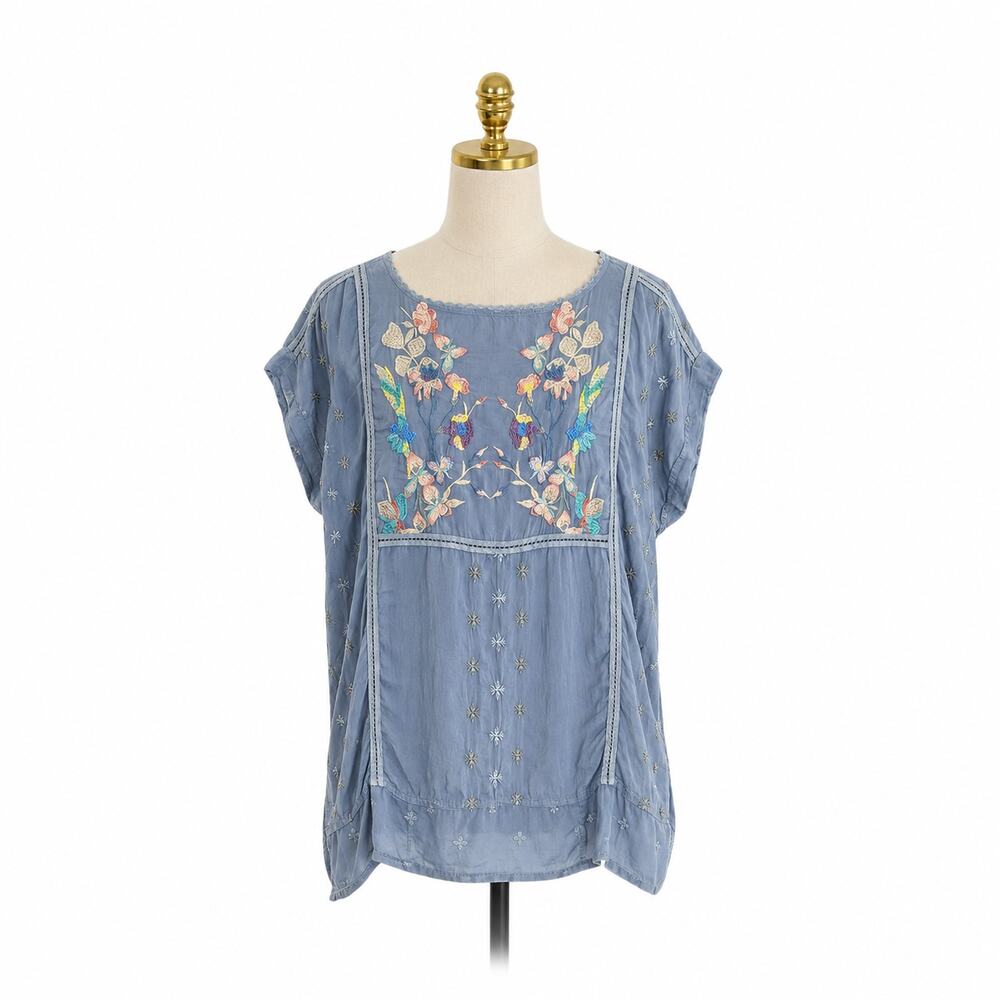 Johnny Was Blue Cupra Embroidered Floral Boho Blouse Top M Medium Rayon